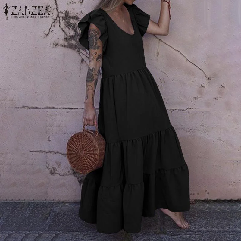 Stylish Ruffles Holiday Vestidos 2022 ZANZEA Summer Long Maxi Dress Women Butterfly Sleeve Solid Party Sundress Kaftan