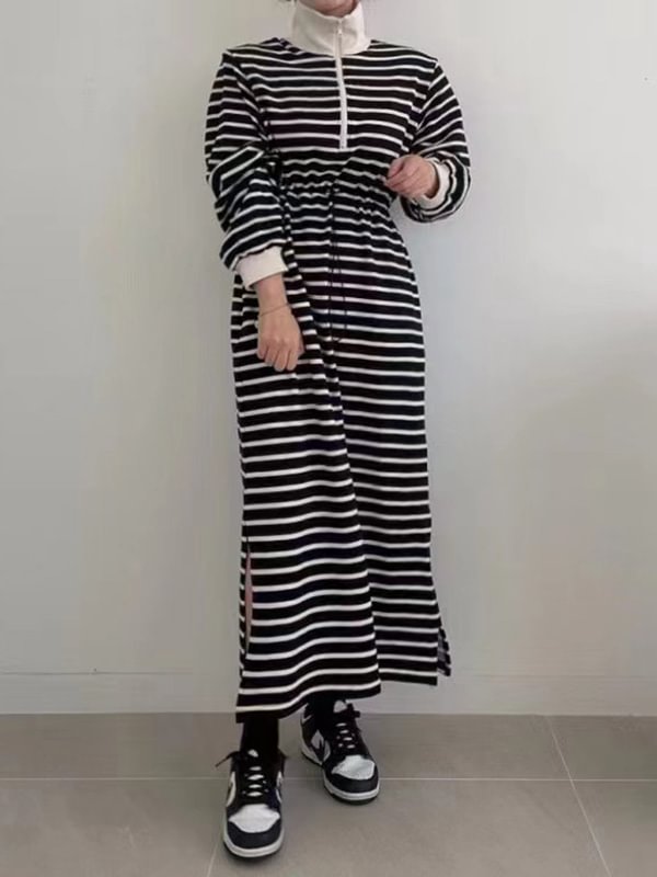 Casual Striped Split-Side High-Neck  Long Sleeves Midi Dress