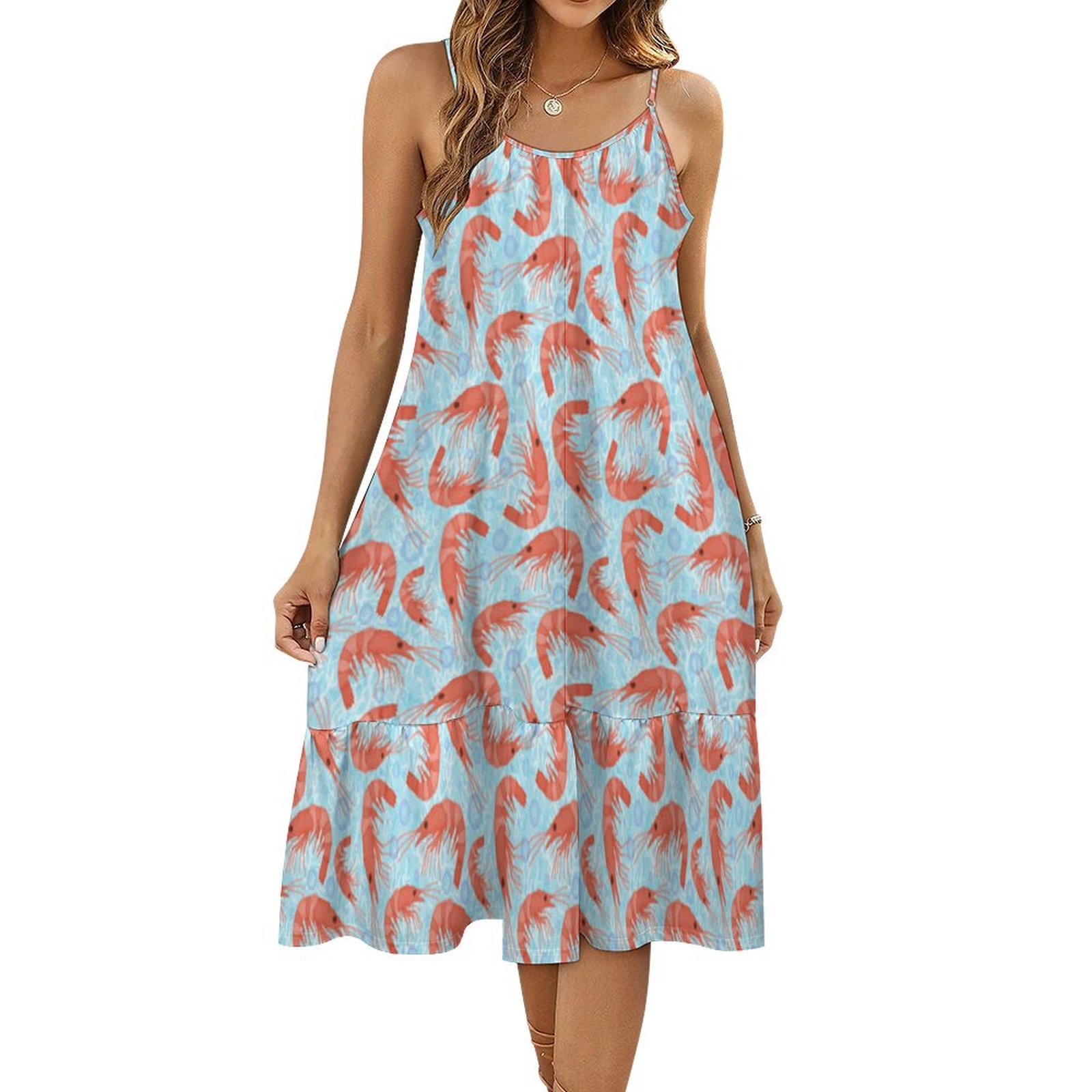 SFNEEWHO Shrimp Prawns Coral Sea Bubbles Nautical Lt Blue Boho Sleeveless  Dress Women's Loose Flowy Ruffle Midi Dresses 30.99