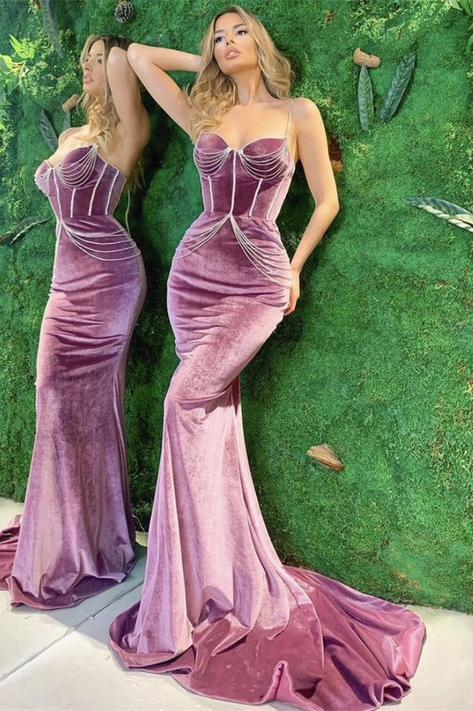 Dresseswow Purple Spaghetti-Straps Velvet Mermaid Prom Dress Sleeveless