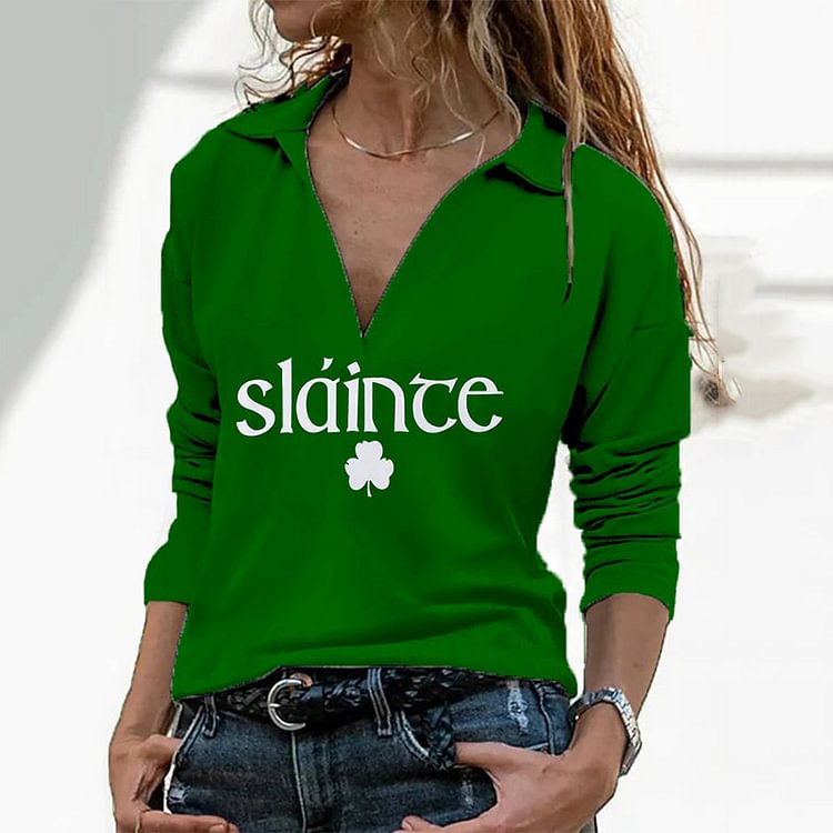 Comstylish Slainte St. Patrick's Day Print V-Neck Long Sleeve T-Shirt