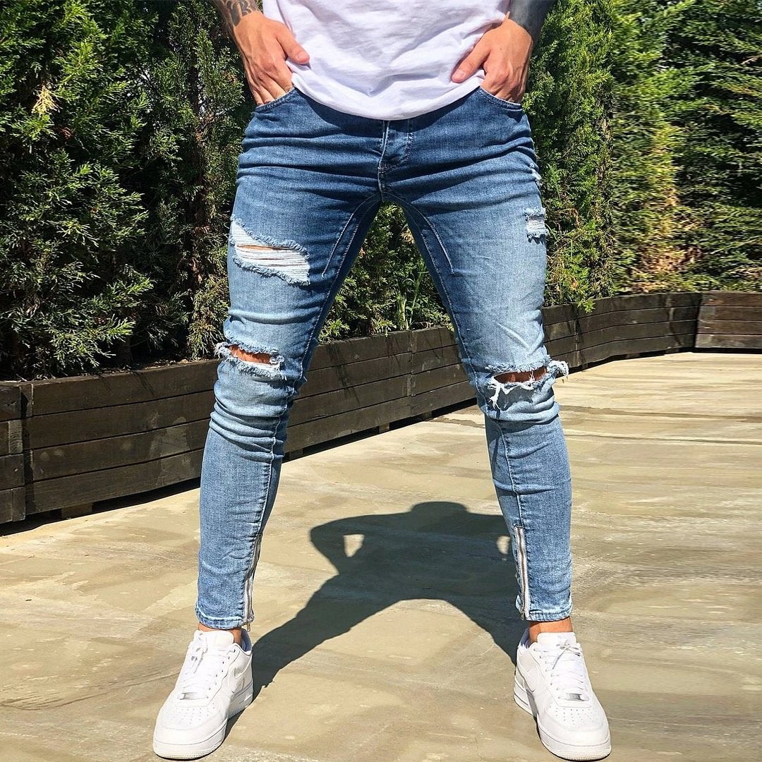 Ripped Holes Zipper Jeans