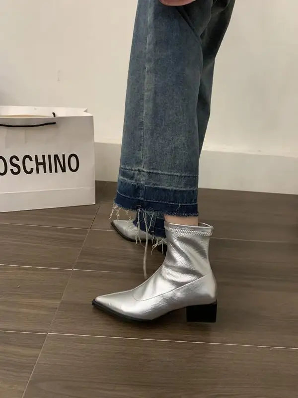 Boots Women New Shoes Luxury Designer silver  Ankle Fashion Pointy Med Ladies Rubber Autumn Rome Hoof Heels Flock Solid Sli Aiertu