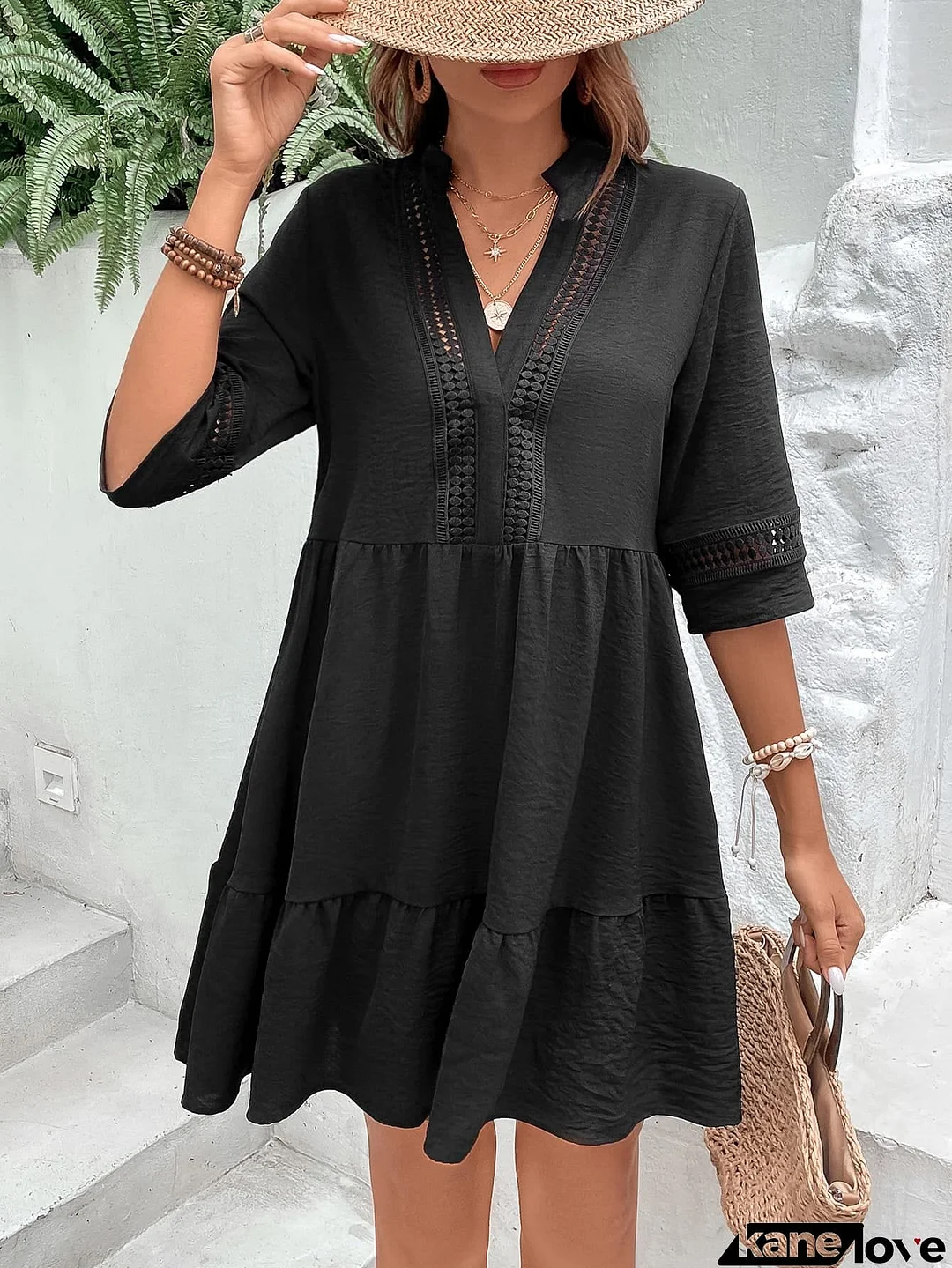 Notched Neck Half Sleeve Dress