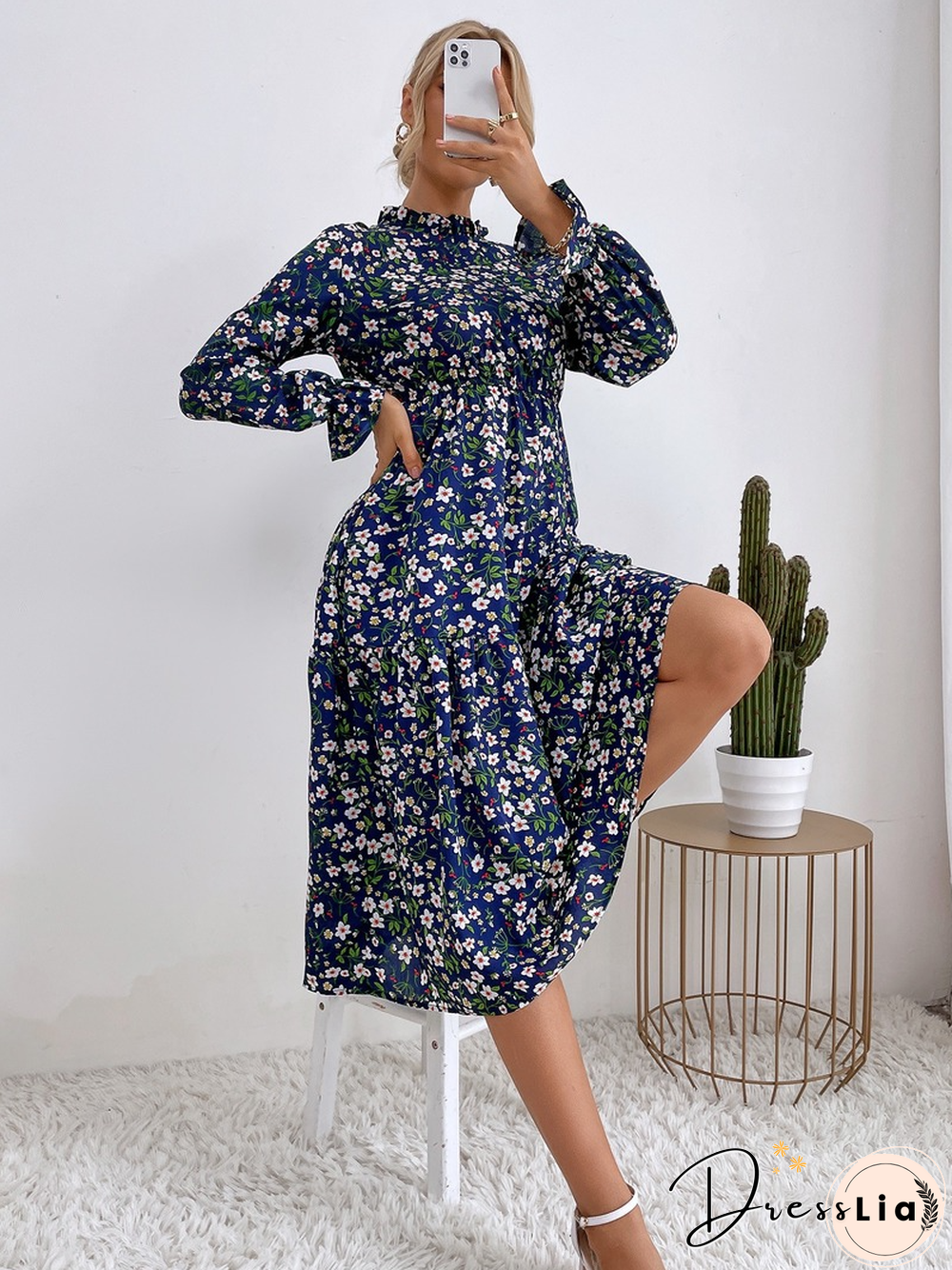 Elegant Fashion Slim Floral Print Dress Women Spring Dress New Casual High Waist Sexy Full Flared Sleeve Midi A-line Dress