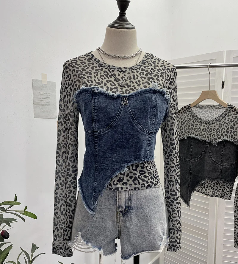 Nigikala Nigikala Shooting Fashion Leopard Tard Tard Babes Mesh Splicing Denim Irregular Bottom Shirt Short Top 2617
