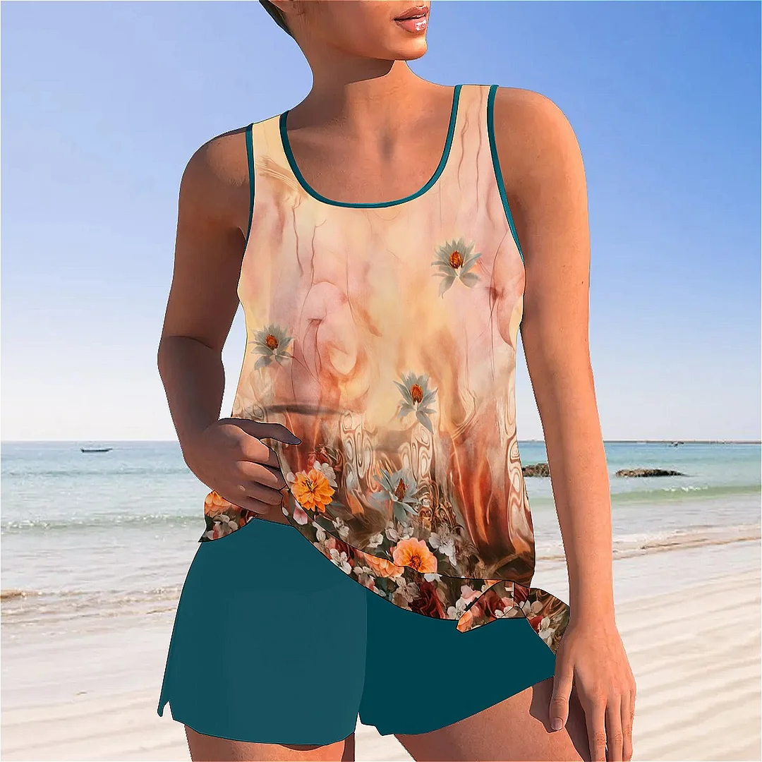 Bowknot Floral,Orange Mid Waisted Tankini Set - Plus Size Available