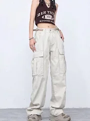 Fitvitalsupplement American Style Loose Straight Overalls Women Y2K Street Hip-Hop High Waist Mopping Pants Couple Casual Big Pocket Straight Pants