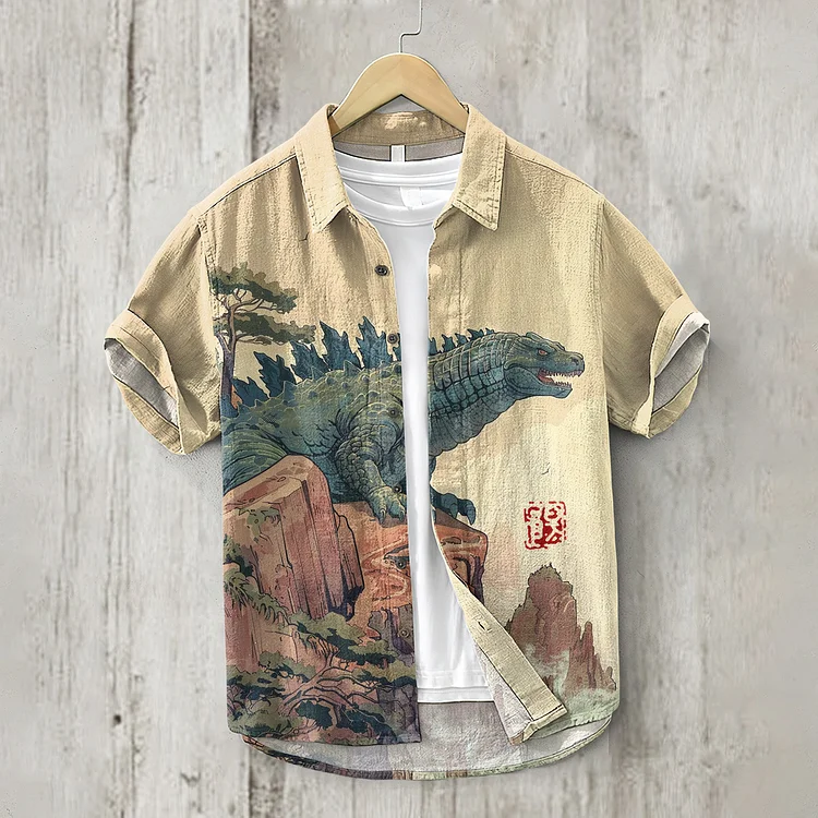 Vintage Godzilla Landscape Art Print Short Sleeved Linen Blend Shirt
