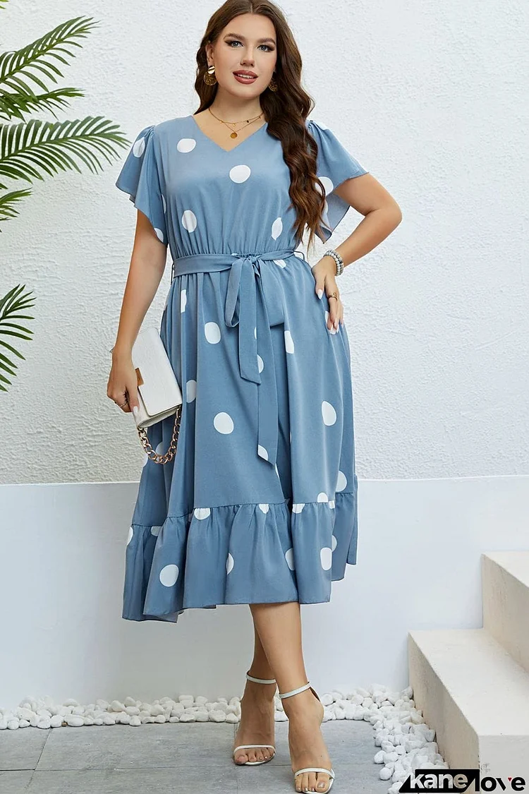 Polka Dot Belted Flutter Sleeve Ruffle Hem Dress