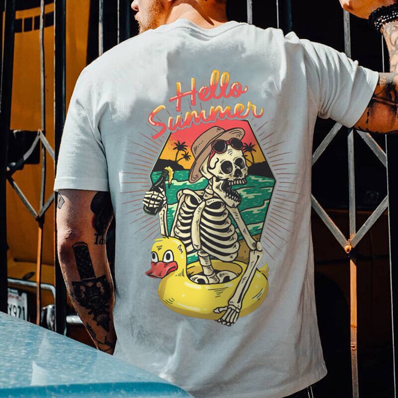 Hello Summer Swimming Skeleton Vacation Printed T-shirt - Krazyskull