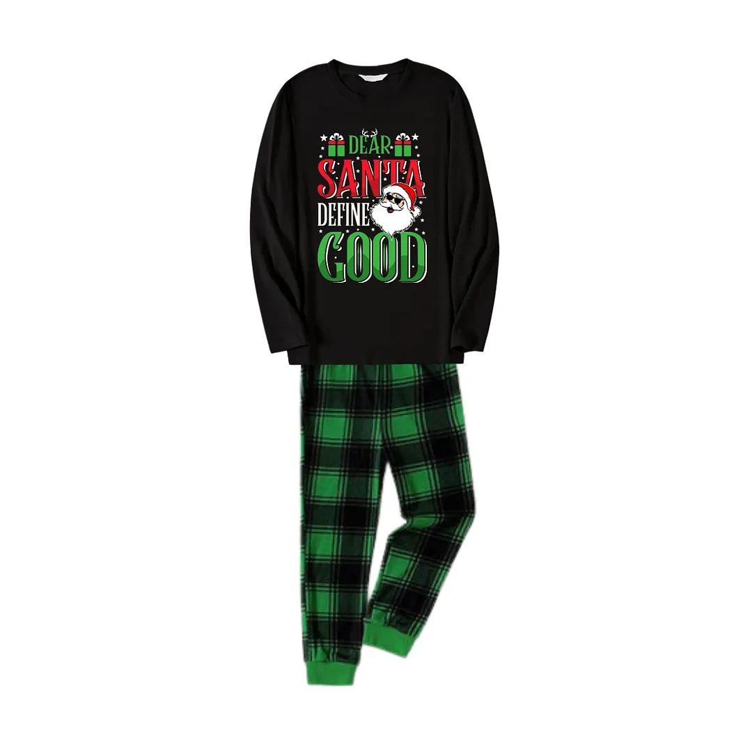 "Dear Santa Define Good" Slogan Printed Black and Green Plaid Family Matching Pajamas