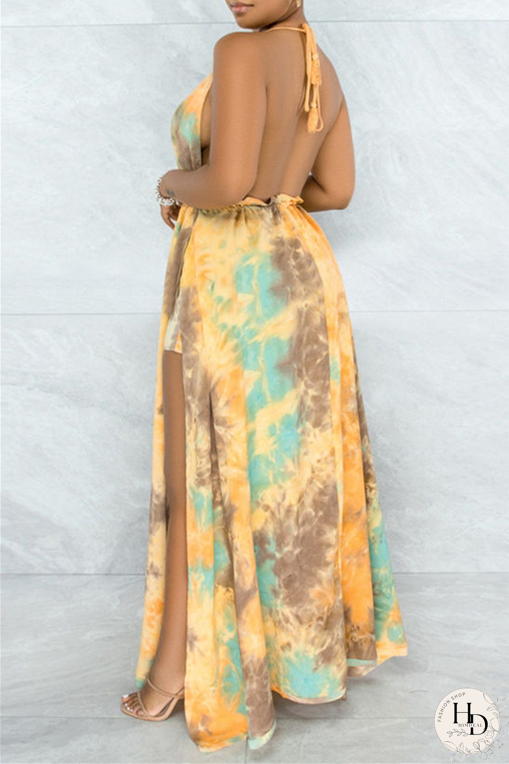 Royal Blue Fashion Sexy Print Bandage Backless V Neck Sleeveless Two Pieces