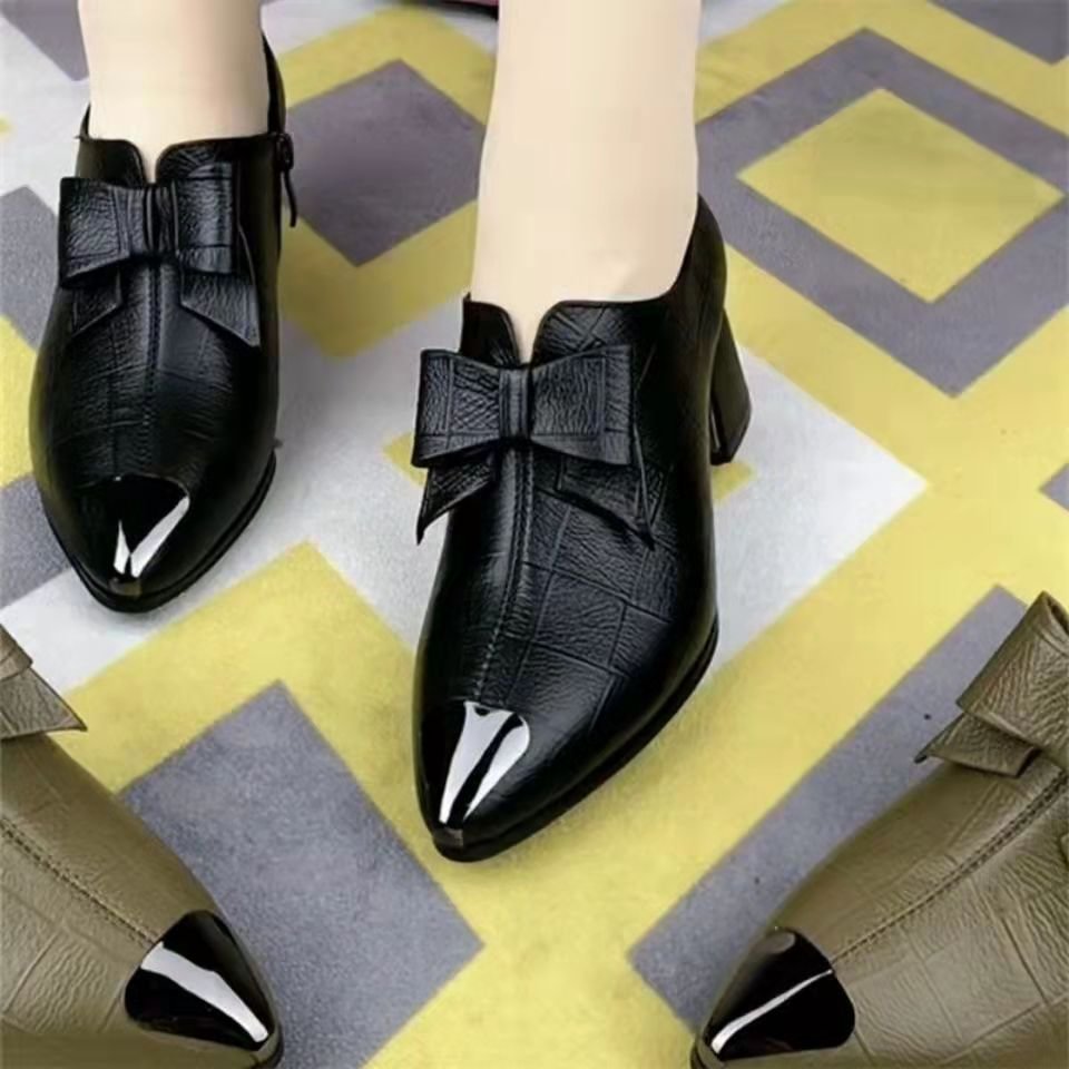 Women Classic Black Bow Tie Medium Heel Slip on Spring Shoes Lady Fashion Sweet Blue Party High Heel Shoes
