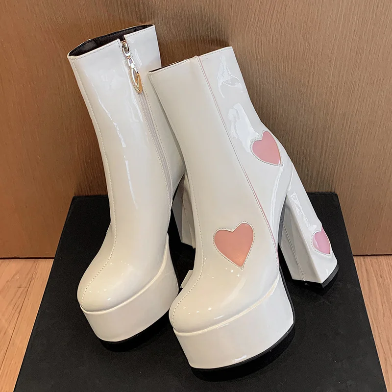 140mm Square Toe Chunky High Heels Platform Heart Embedded Pattern Patent Boots-MERUMOTE