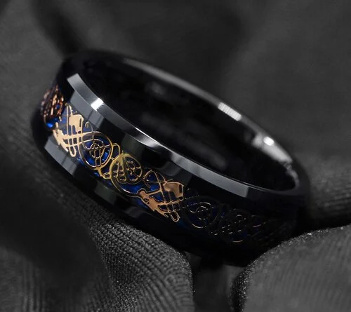 6MM 8MM Women Or Men's Tungsten Carbide Wedding Rings Celtic Dragon Knot Mens Wedding Black with Rose Gold and Blue Resin Inlay Celtic Dragon Knot