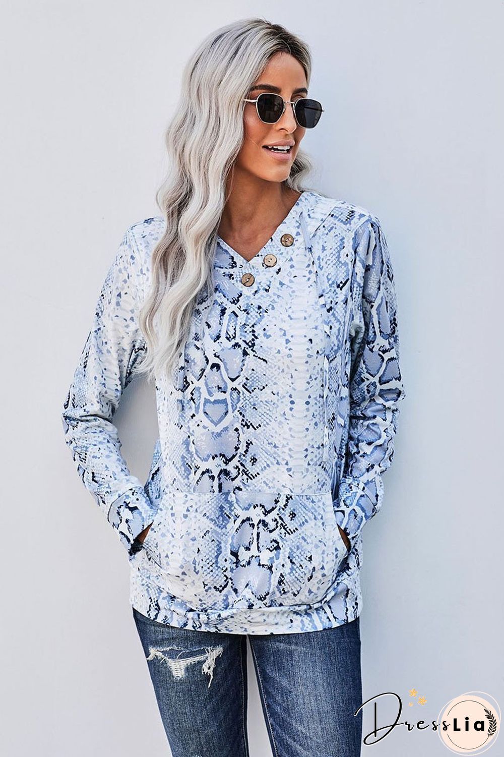 Chic V Neck Camouflage Printed Top