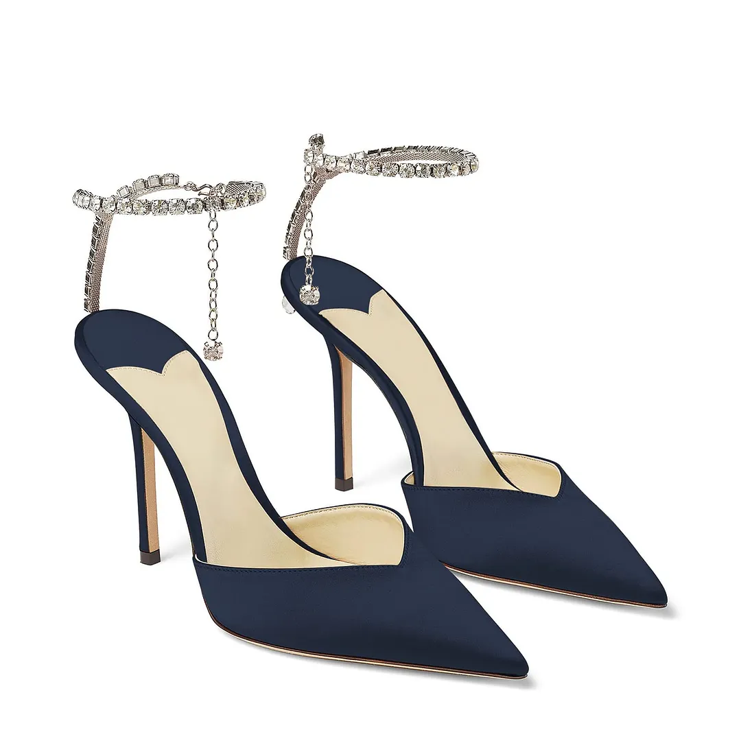 100mm Women's Sandals Crystal Chain Ankle Straps Rhinestones Buckle Heels Stiletto Satin Dress Shoes-vocosishoes