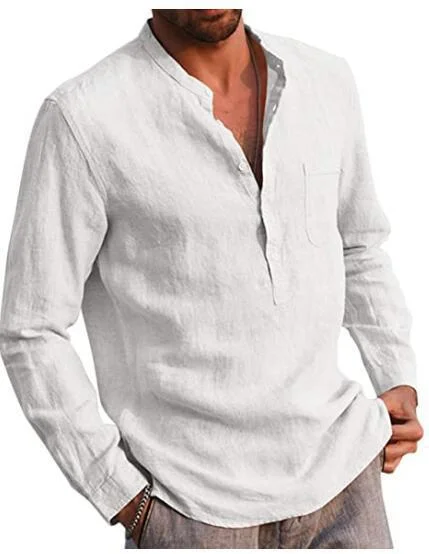 New Men's Long Sleeve Casual Linen Henley Shirt