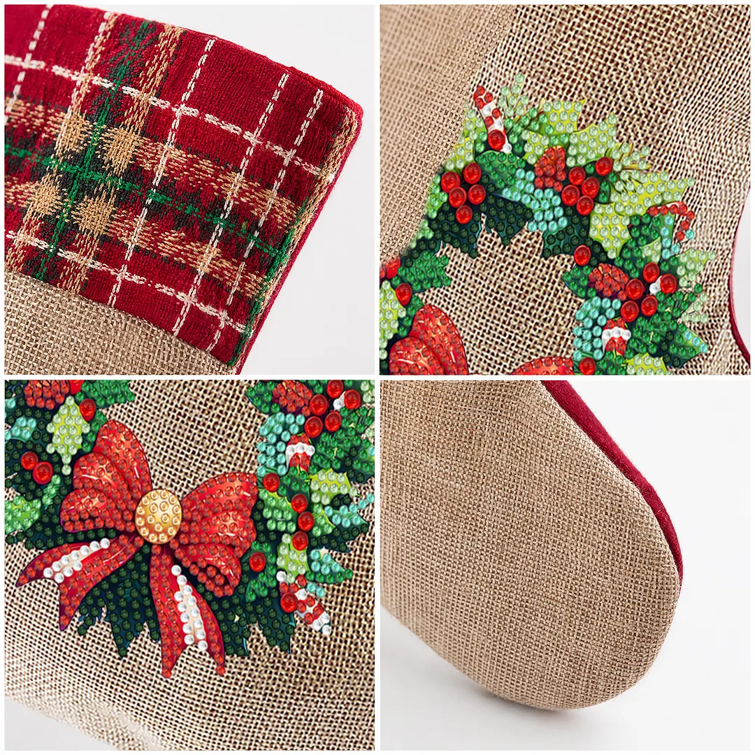 DIY Diamond Painting Christmas Stockings Hanging Ornaments Large Capacity Xmas Socks Pendant Wear Resist Candy Gift Storage Bags for Family Christmas Holiday Party Decoration (Christmas wreath)