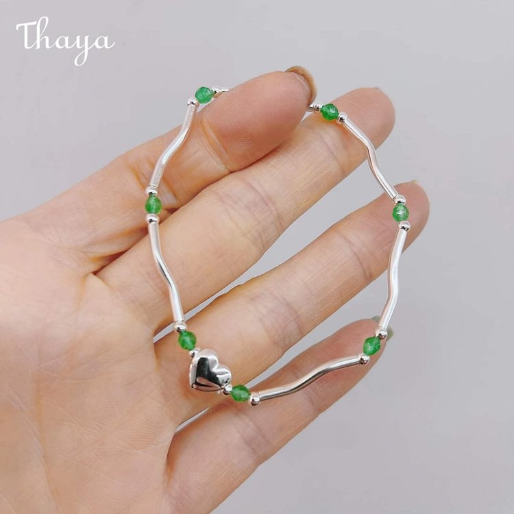 Thaya 925 Silver Bead& Heart Elastic Rope Bracelet
