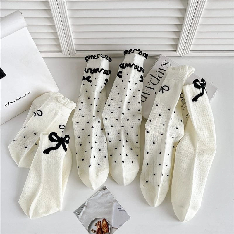 Bowknot Socks Women’s Spring And Summer Mid-length Socks Thin Sweat-absorbent Stockings Black And White Versatile Trendy Zhuji Socks