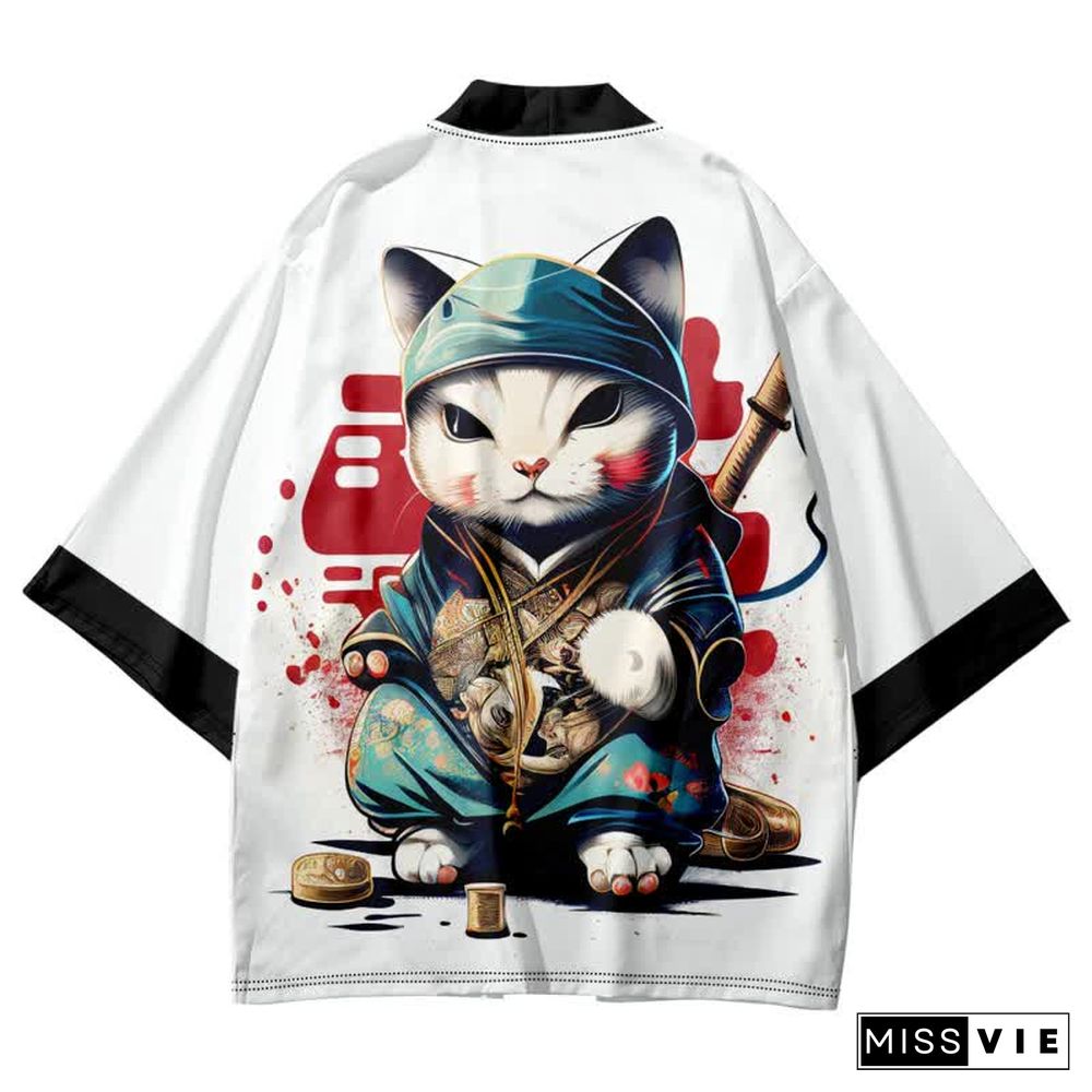 Vintage Cat Warriors Print Cardigan Kimono Outerwear
