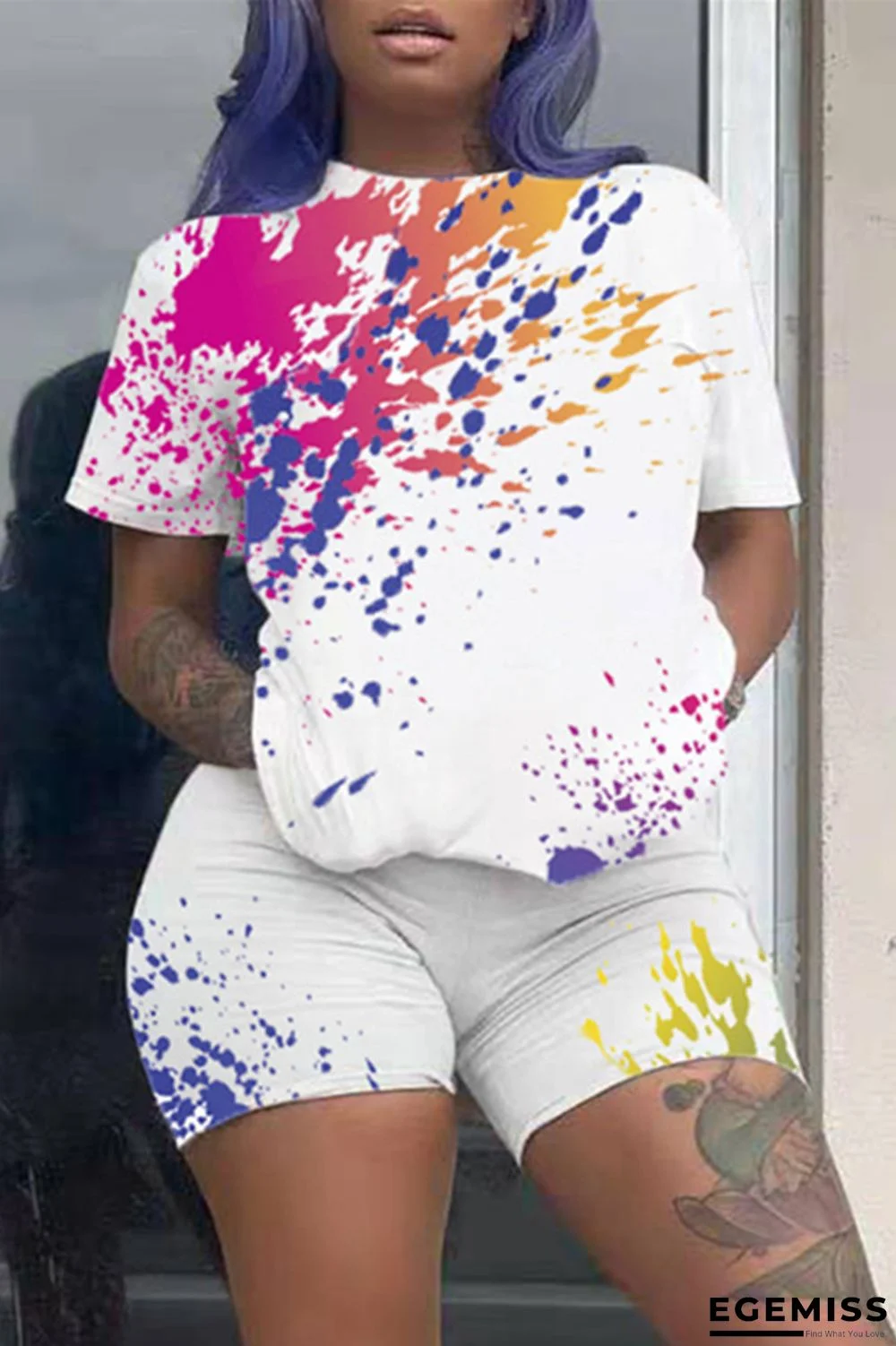 White Fashion Casual Print Basic O Neck Short Sleeve Two Pieces | EGEMISS