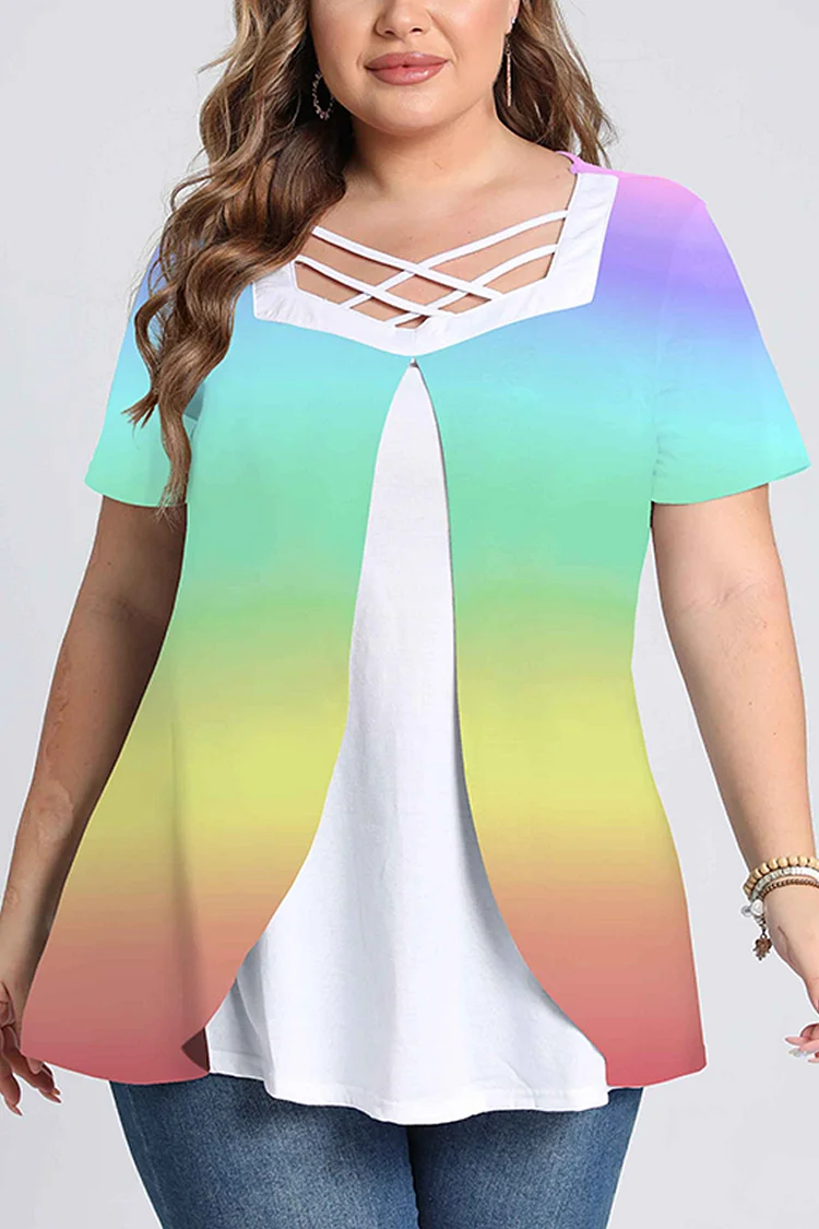 Plus Size Cross Strap Rainbow Print Short Sleeve Blouses  Flycurvy [product_label]