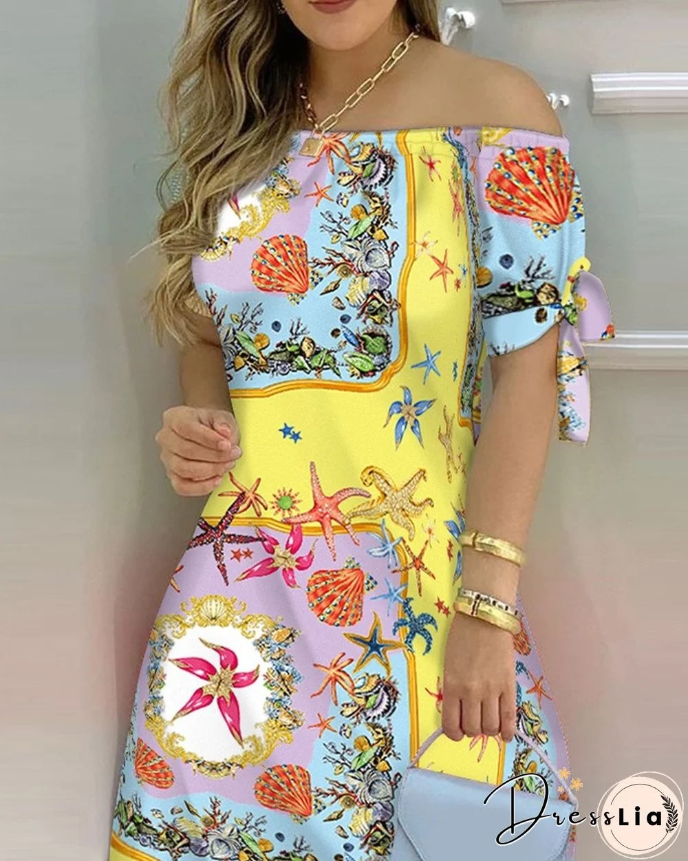 Sexy Female Casual Striped Off Shoulder Short Sleeve Mini DressFor Ladies Bow Tie Print A Line Party Short Dresses Vestidos