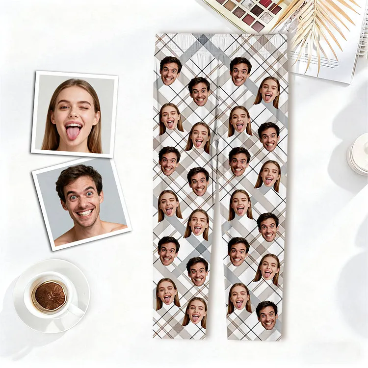 Custom Face Long Plaid Pajama Pants Custom Blue Christmas Photo Pajama Gifts For Men