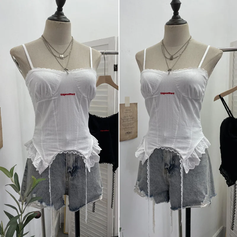 Nigikala Nigikala Shooting Hottie Sexy Sling Sling Vest Lace Side Splicing Letter Embroidery Short Outer Wearing Sleeveless Small Top 1232