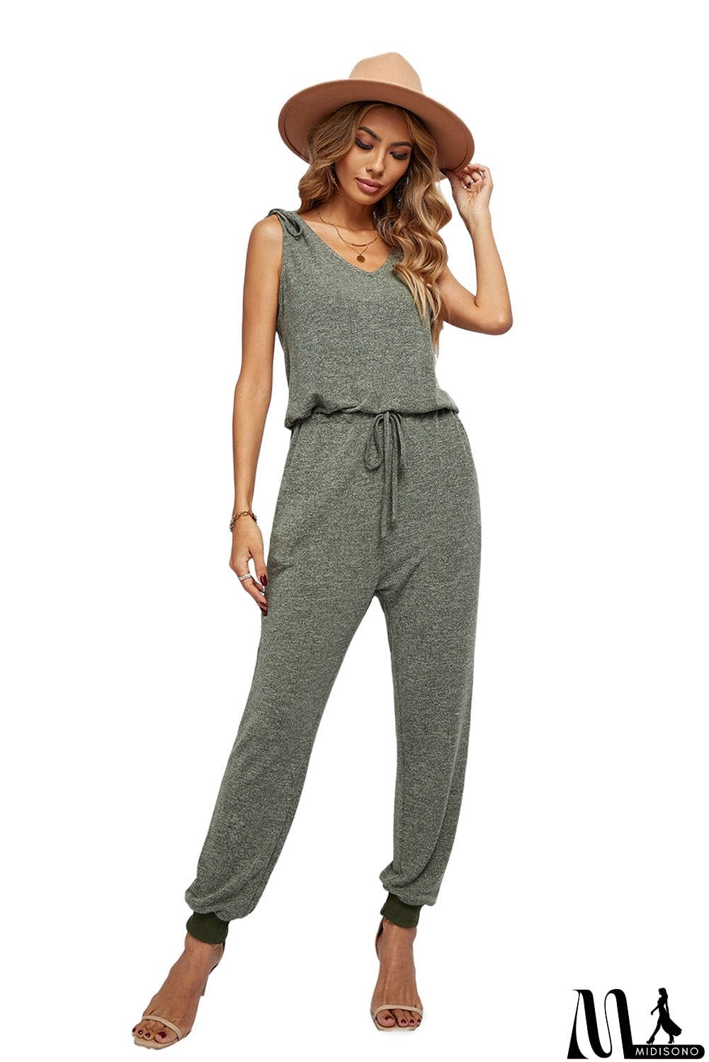 MidiSono - V Neck Tied Drawstring Sleeveless Jumpsuit