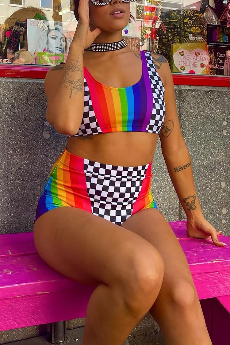 Unisex Rainbow Stripe Checkered Sleevesless U Neck Swim Bathing Suit