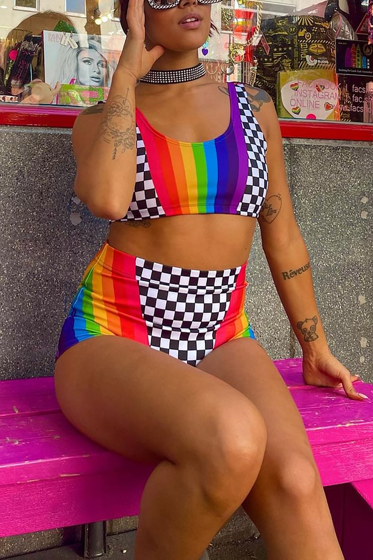 Rainbow Stripe Checkerboard Sleevesless U Neck Two Piece Set 