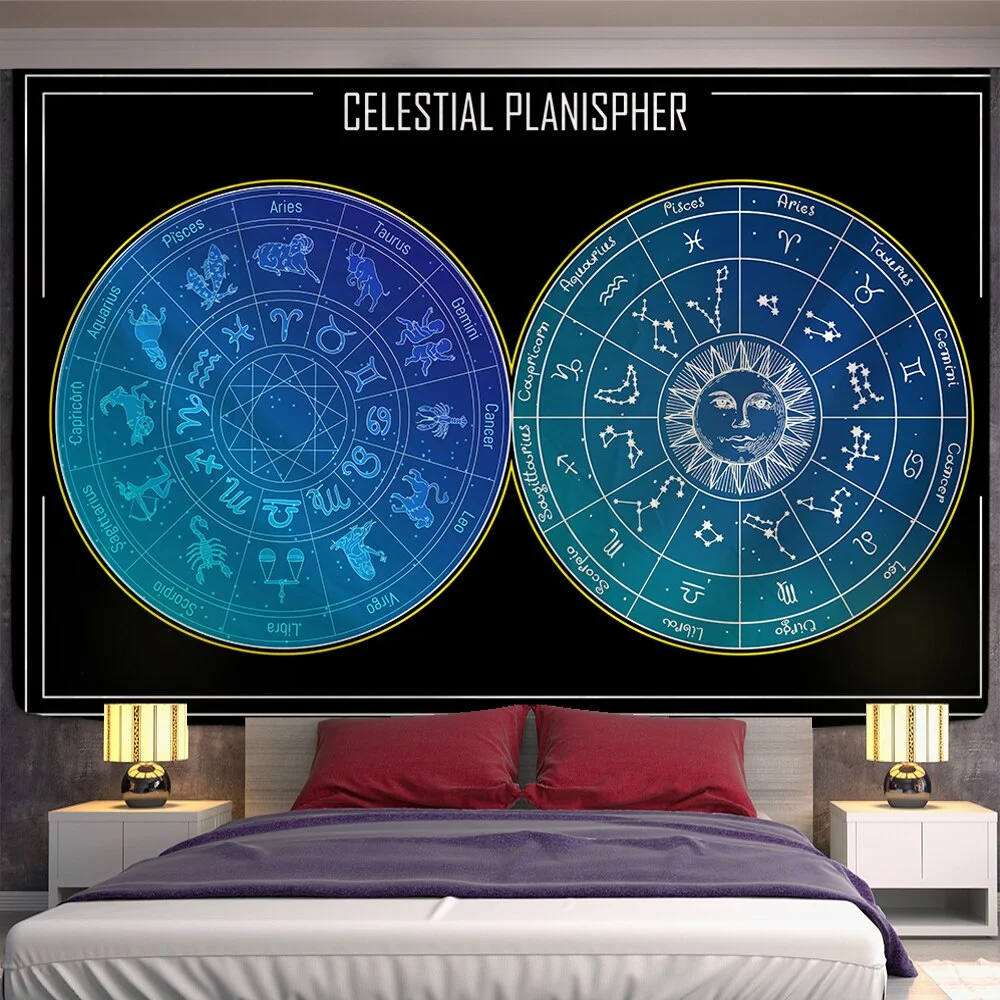 Sun Constellation Compass Mandala Tapestry Wall Hanging Celestial Wall Tapestry Hippie Wall Carpets Dorm Decor Psychedelic Tape