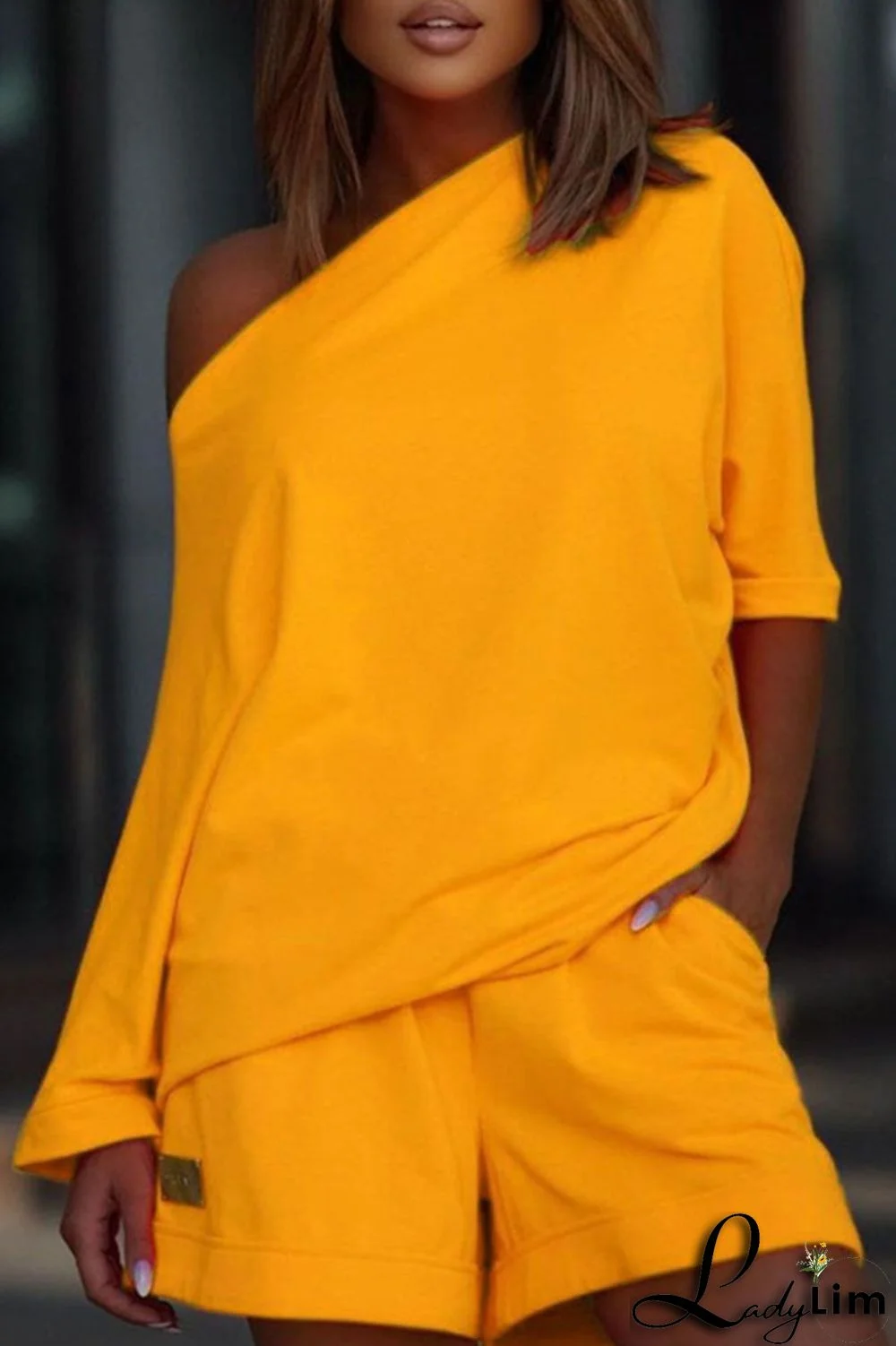 Yellow Casual Solid Split Joint Asymmetrical Oblique Collar Long Sleeve Two Pieces