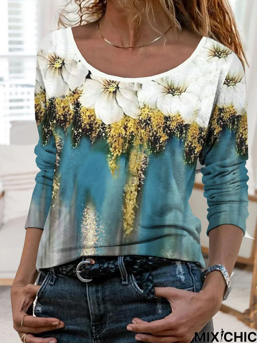 Casual Abstract Floral Print Round-neck Long Sleeve Knitted T-shirt