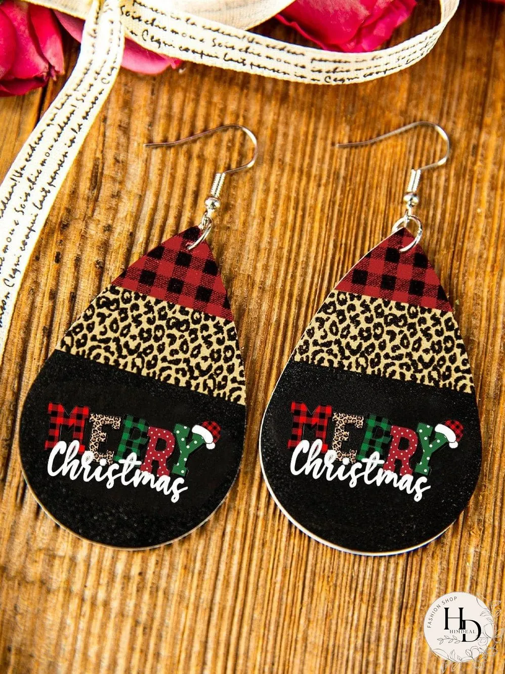 Leopard Print Black Christmas Drop Earrings