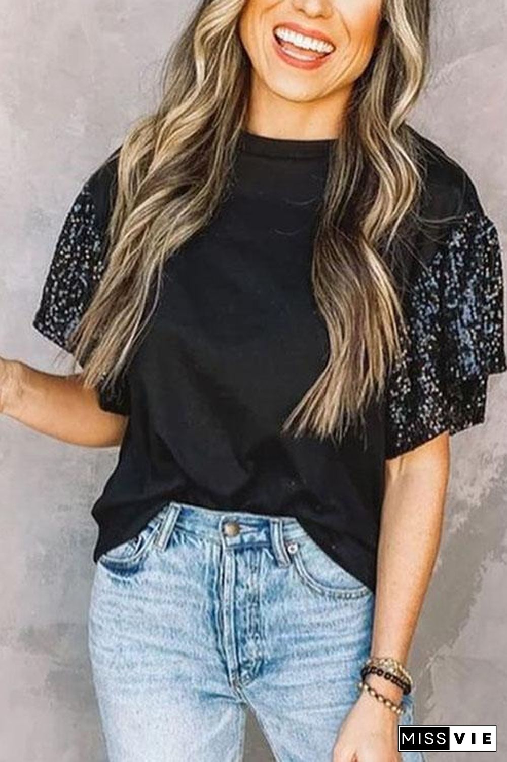 Short Sleeve Sequin Round Neck T-Shirt Top