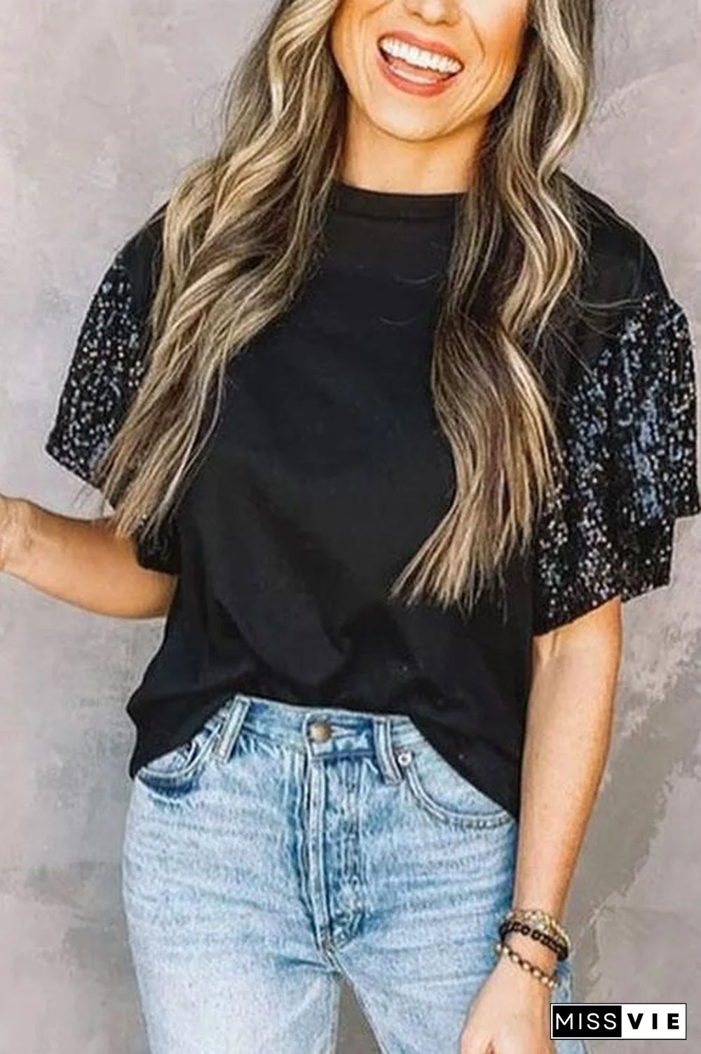 Short Sleeve Sequin Round Neck T-Shirt Top