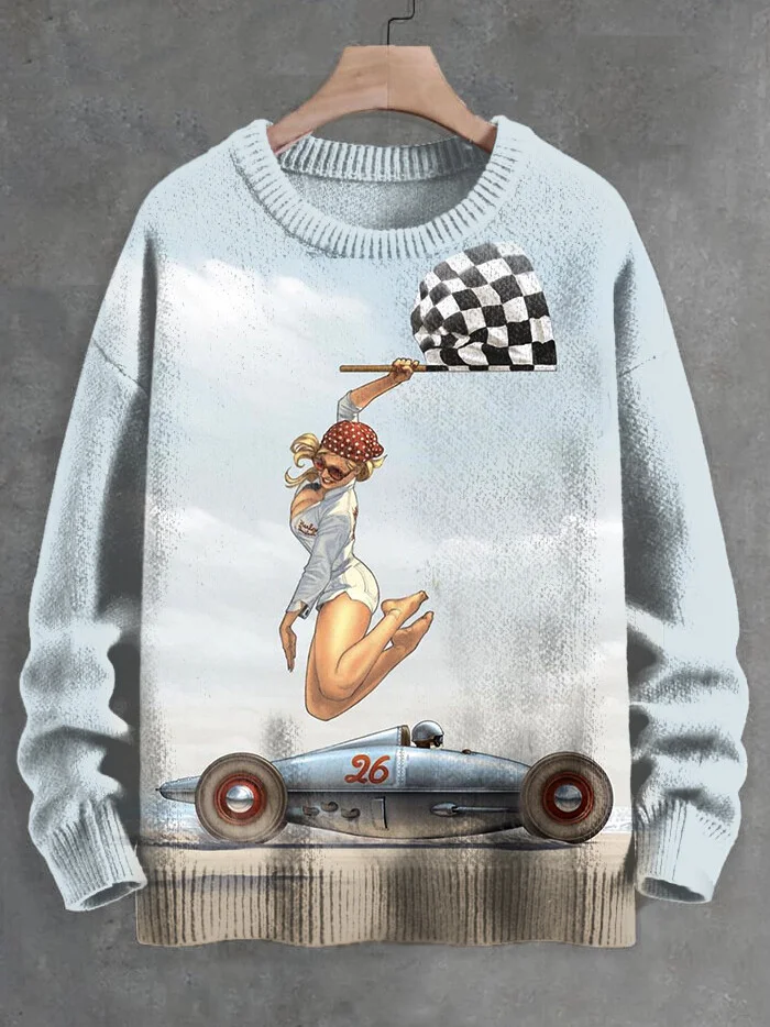 Men's Vintage Car Racing Lady Print Knit Sweatshirt