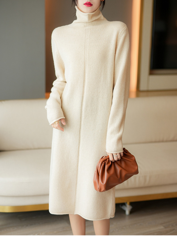 Premium Solid Color High Neckl Midi Dress Sweater