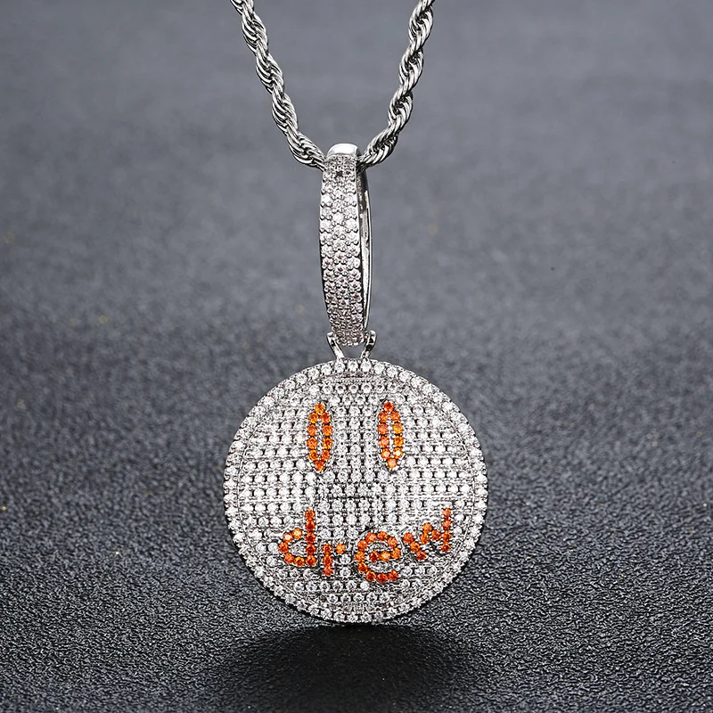 Hip Hop Rapper Jewelry Iced Out Smile Face Round Pendant Charm Drew Smiley Necklace-VESSFUL