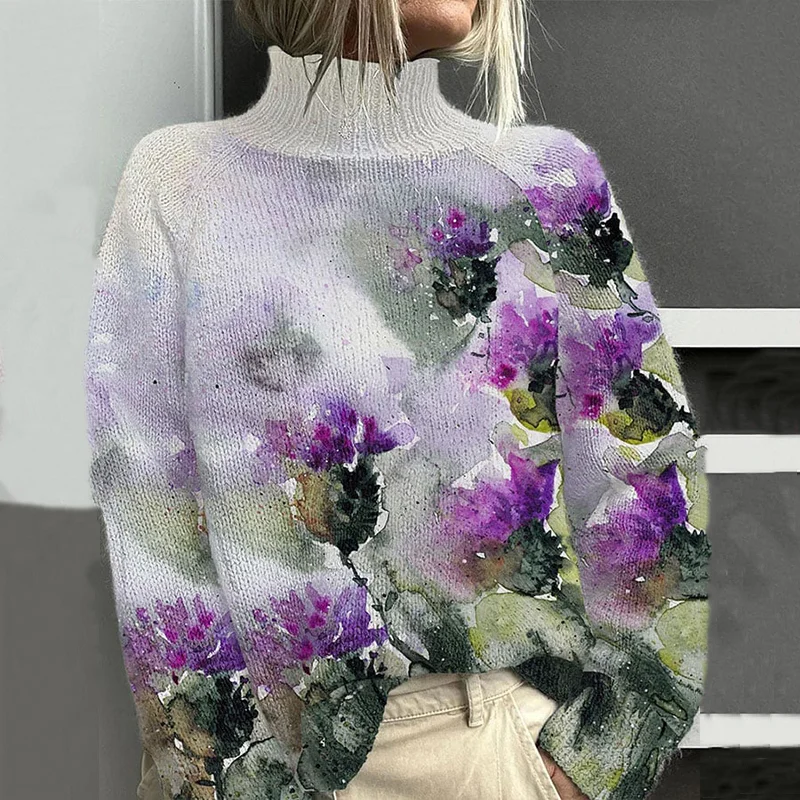 Women's Scottish Thistle Turtleneck Cozy Knit Sweater