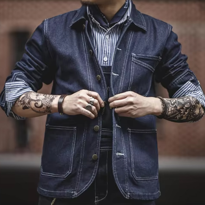 Men's Retro Denim Lapel Multi-Pocket Workwear