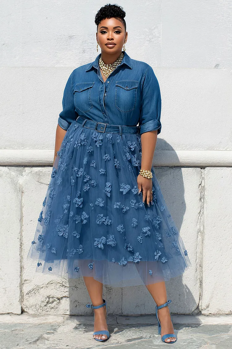 Xpluswear Design Plus Size Cocktail Party Tulle Blue Shirt Collar Half Sleeve Wrap Contrast Tencel Denim Midi Dresses [Pre-Order] 2024 - Xpluswear