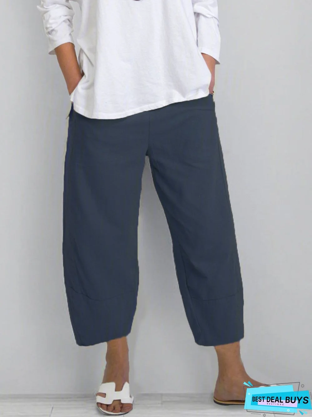 Crop Pants Women Solid Pockets Pants