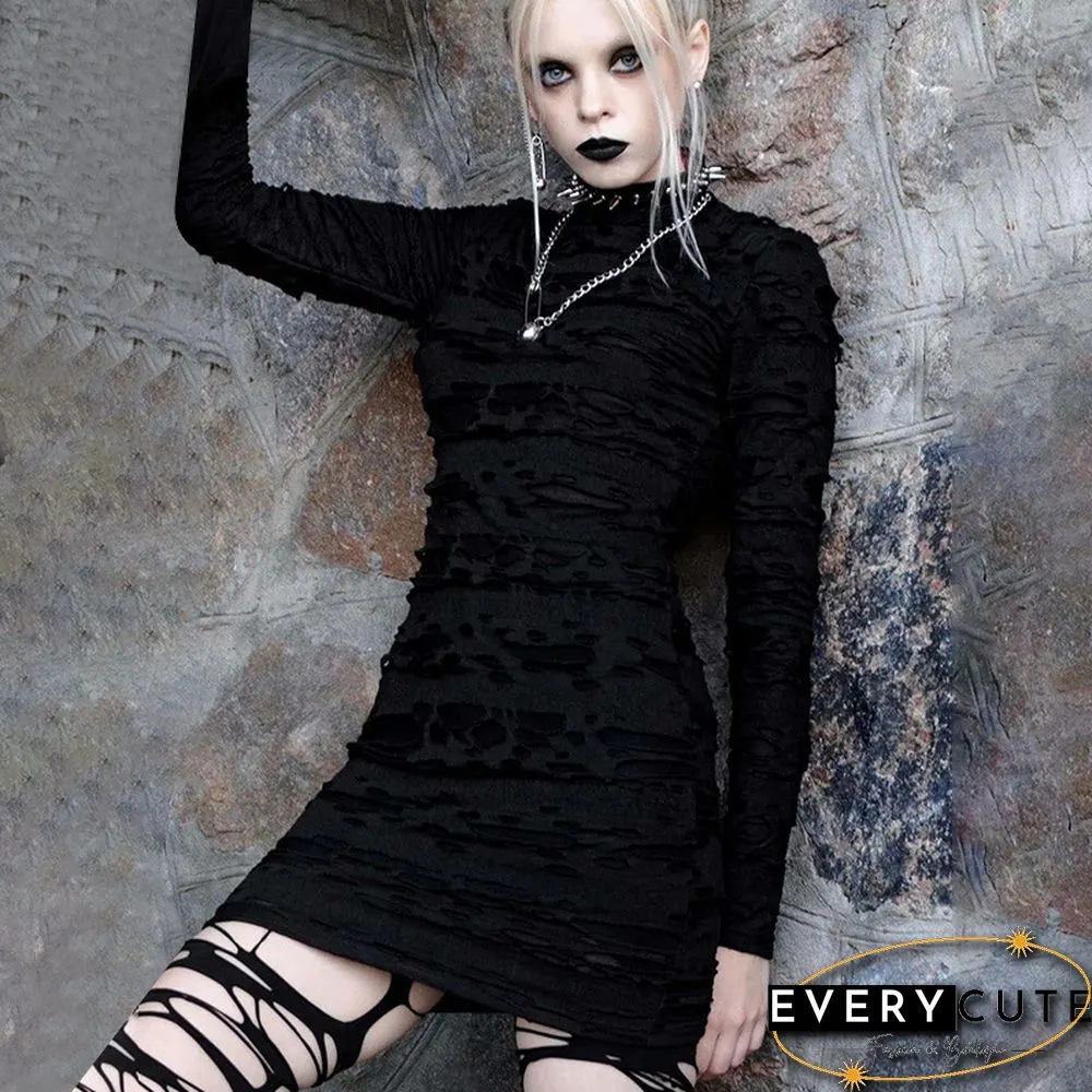 New Gothic Black Mini Dress Streetwear Rock Punk Hollow Retro High Waist Long Sleeve