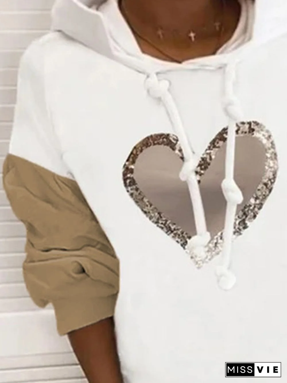 Vintage Shiny Love Heart Color-block Hoodie Long Sleeve Plus Size Casual Sweatshirts